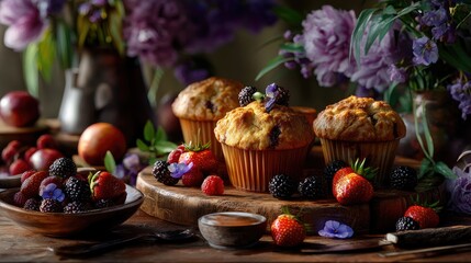 Naklejka premium Freshly Baked Muffins Surrounded by Colorful Berries and Vibrant Flowers on Rustic Wooden Table