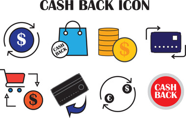 Cash back icon set. colorful icon design of return money, cashback, profit, gain, shopping, cart etc