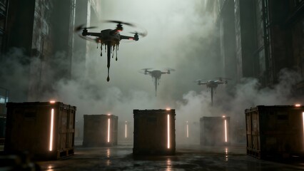 Generative AI dystopian delivery drones in industrial fog.