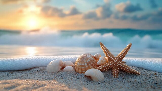 Seashells and starfish on a sun-drenched beach at sunset