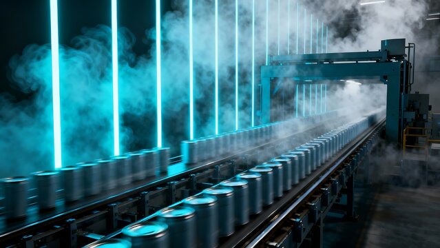 Generative AI factory automation with glowing blue lights and steam.