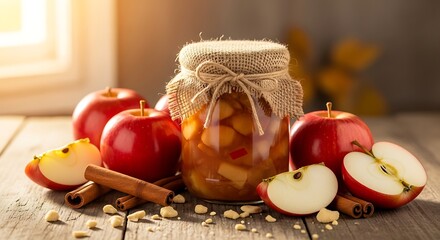 A rustic still-life display featuring a burlap-covered jar containing homemade apple compote, surrounded by fresh red apples, cinnamon sticks, and scattered crumbs