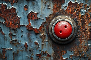 Worn steel red alarm button high resolution picture