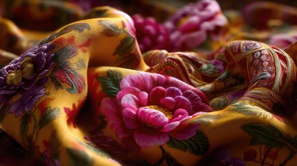 Close-Up of Vibrant Floral Fabric with Rich Colors and Detailed Textures, Perfect for Fashion or Home Decor Applications