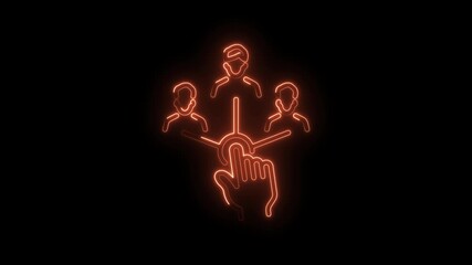 Neon illuminated team connection hand click concept representing digital collaboration or remote workforce management