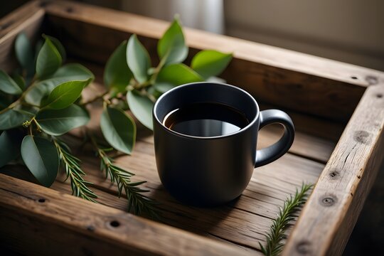 A cup of tea on a wooden tray with green leaves and rosemary sprigs around it decoratively