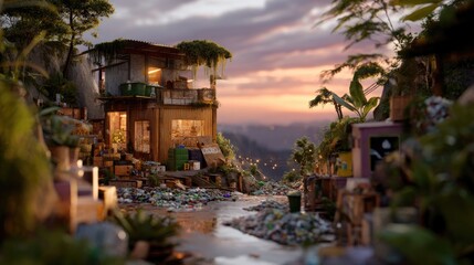 Stunning Rustic House Surrounded by Lush Greenery and Debris in a Breathtaking Sunset Landscape