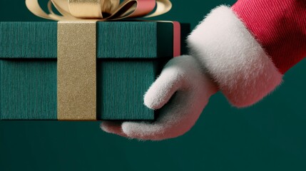 Gift of Giving: A generous hand, clad in a crisp white glove and festive red sleeve, presents a beautifully wrapped gift box, embodying the spirit of sharing and the joy of giving.