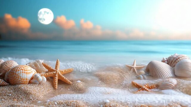Seashells and starfish on sandy beach with ocean waves