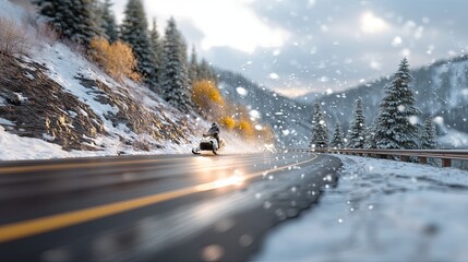 Snowmobile Racing Through Winter Wonderland on Scenic Mountain Road Surrounded by Pine Trees and Snowflakes