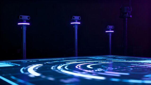 Generative AI futuristic holographic tracking system setup.