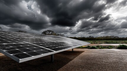 Solar panel installation under dramatic stormy sky with dark clouds and moody atmosphere in rural setting