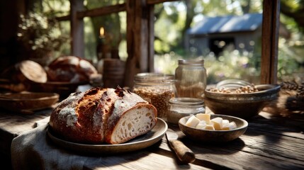 Freshly baked artisan bread on rustic table with wooden jars and fresh ingredients in bright natural light