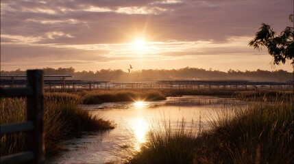 Fototapeta premium Serene Sunrise Over Tranquil Marshland with Gentle Reflections and Subtle Color Gradients in the Sky