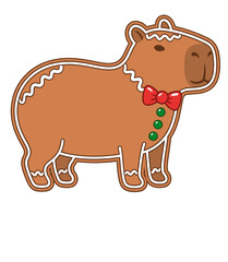 Cute Gingerbread Capybara Cookie with Red Bow Tie and Icing Details &ndash; Christmas Vector Art