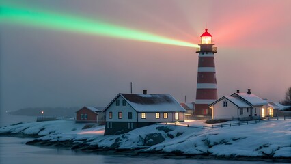 Lighthouse Beacon Casting Red And Green Beams Across An Icy Coastal Village At Night, Illuminating Frozen Shores, Snowy Rooftops, And The Peaceful Glow Of A Winter Maritime Scene