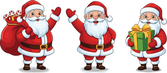 Jolly Santa Claus Character Collection, Merry Christmas Holiday Celebration, Happy New Year Greeting, Cartoon Saint Nicholas Waving and Holding Presents, Festive Illustration
