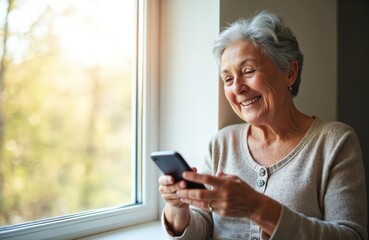 An elderly woman smiles holding smartphone near window. Mature female enjoys using mobile phone at home. Happy old lady communicates online. She communicates with loved ones via social media.
