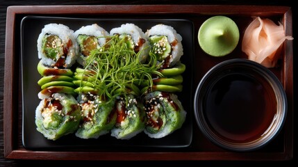 Fresh sushi platter with colorful rolls, wasabi, ginger, and soy sauce in an elegant wooden tray on a dark background