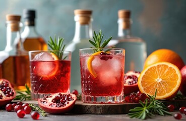 Two red cocktails with ice, orange slices, pomegranate seeds, rosemary sprigs sit on rustic wooden board. Bottles of spirits, fresh fruits like pomegranate, orange surround drinks, suggesting