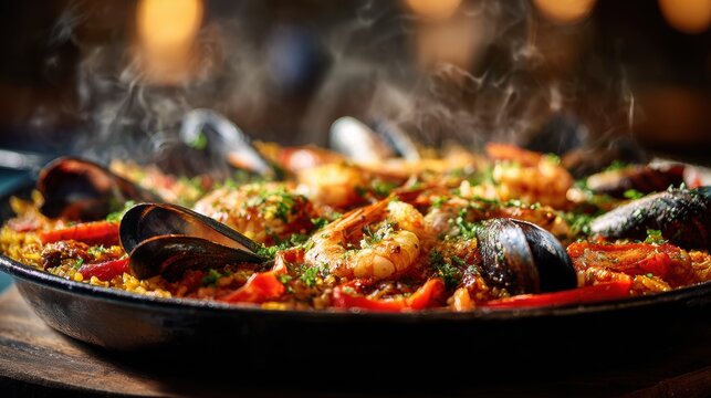 Close up of seafood paella, showcasing shrimp, mussels and rice, steam rising up. - Powered by Adobe