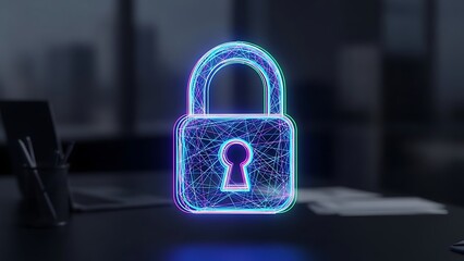 Glowing digital padlock icon representing cybersecurity and data protection concept in a dark office environment