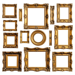 Collection of ornate antique gold picture frames against a black background.