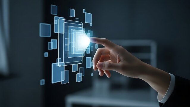 Business person hand touching a glowing digital interface with abstract blue square icons representing technology and innovation