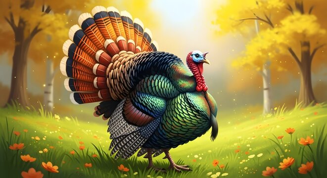 Proud Male Turkey Strutting in a Sunlit Autumn Meadow with Colorful Feathers bird wildlife