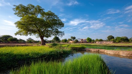 Fototapeta premium Serene Rural Landscape with Lush Green Rice Fields and Majestic Tree Under Blue Sky