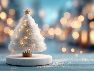 Warm Christmas Display 3D Scene with Fluffy Tree, String Lights and Golden Bokeh