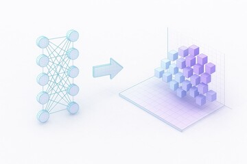 Visual Representation of Neural Networks Transitioning from 2D to 3D Cubic Structures Illustrating Advanced Computational Models and Machine Learning Dynamics