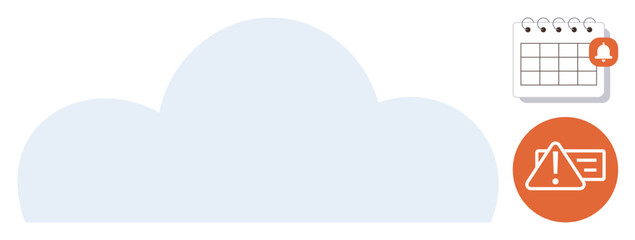 Large cloud graphic with a calendar reminder icon and an alert notification symbol. Ideal for data management, cloud services, scheduling, alerts, warnings, organization, digital technology. Simple