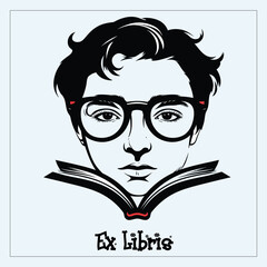 053-15-Boy face wearing glasses reading an open book with ex libris text
