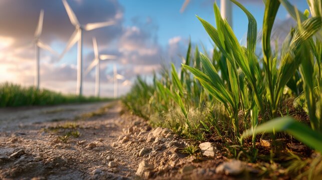 Green Grass and Wind Turbines Under a Blue Sky on a Sunny Day in an Eco-Friendly Landscape - Powered by Adobe