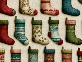 Colorful Handcrafted Christmas Stockings Displayed on Rustic Background