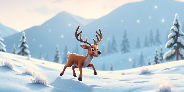 Cartoon reindeer frolicking in a snowy anime landscape, northpole, bright