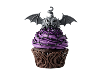 Intricate Halloween cupcake, gnarled wrapper, vibrant purple spiderweb buttercream, spiky bat-wing pumpkin topper, isolated on white, copy space, premium spooky concept.