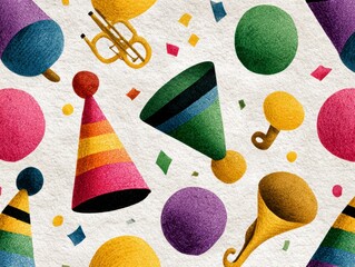 Colorful Party Decorations with Glittery Elements Including Hats, Balloons and Musical Instruments