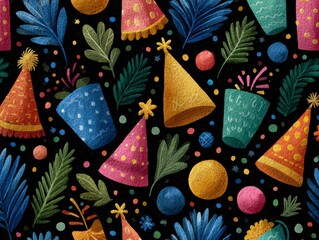 Colorful Party Hat And Decor Pattern On Black Background Featuring Exciting Festive Elements