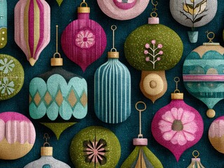 Colorful Vintage Christmas Ornaments on Dark Background with Sparkling Effect