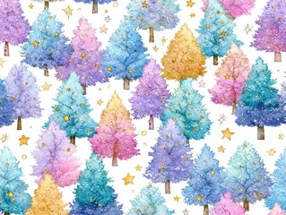 Colorful Watercolor Forest Pattern with Trees in Shades of Pink Blue and Gold on White Background
