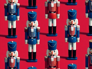 Colorful Wooden Nutcracker Figurines Arranged on Bright Red Background