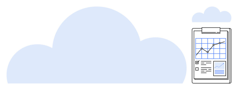Cloud storage icon paired with data analytics clipboard featuring a growth chart and metrics. Ideal for innovation, statistics, progress tracking, cloud technology, business planning, growth