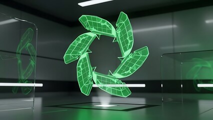 Abstract glowing green digital energy symbol rotating in a dark futuristic laboratory environment with holographic projection
