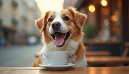Smiling dog sits at cafe table with cup of coffee. It looks happy enjoying morning beverage outdoors on blurred street background. Good mood, relaxation, pet friendly.