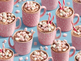 Delicious Hot Chocolate in Pink Mugs Topped with Marshmallows and Candy Canes on Blue Background