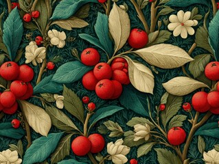 Detailed Floral Pattern Featuring Red Berries and Green Leaves on Dark Background
