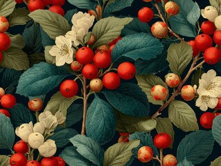 Detailed Floral Pattern Featuring Red Berries White Flowers and Green Leaves on Dark Background