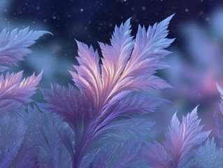 Ethereal Purple Frosted Leaves with Delicate Sparkles Against a Mystical Background